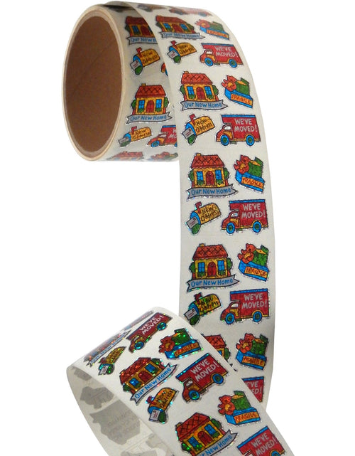 Load image into Gallery viewer, Bulk Roll Prismatic Stickers, Just Moved (100 Repeats) by Present Paper
