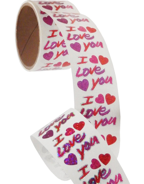 Load image into Gallery viewer, Bulk Roll Prismatic Stickers, I Love You with Hearts (100 Repeats) by Present Paper

