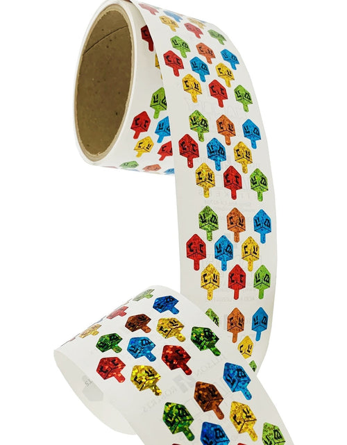 Load image into Gallery viewer, Bulk Roll Prismatic Stickers, Hanukkah Multicolor Dreidels (100 Repeats) by Present Paper
