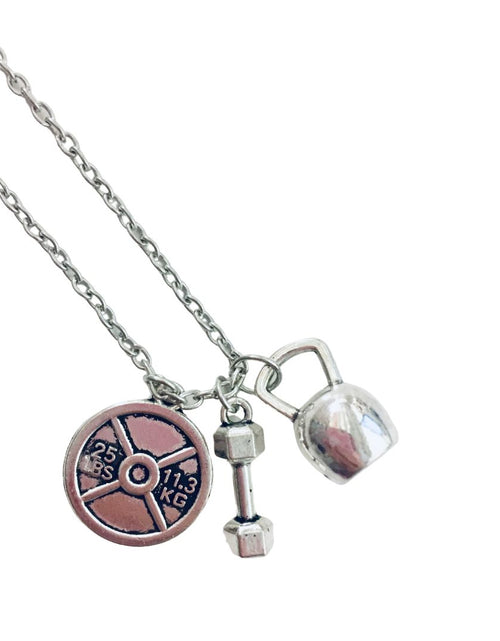 Load image into Gallery viewer, Badass Weightlifter Triple Charm Necklace in Silvertone by The Bullish Store
