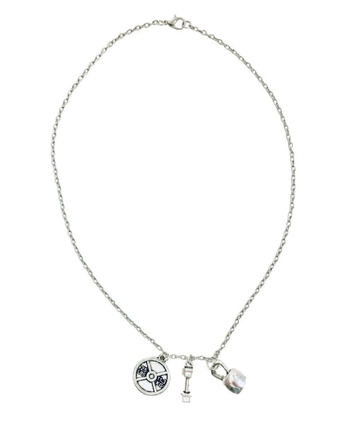 Load image into Gallery viewer, Badass Weightlifter Triple Charm Necklace in Silvertone by The Bullish Store
