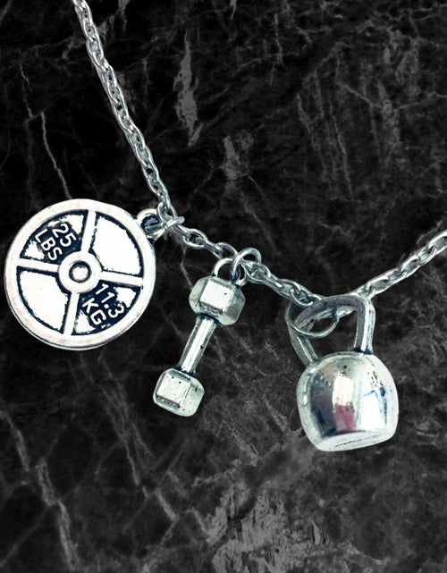 Load image into Gallery viewer, Badass Weightlifter Triple Charm Necklace in Silvertone by The Bullish Store

