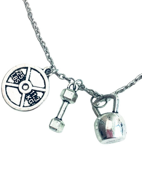 Load image into Gallery viewer, Badass Weightlifter Triple Charm Necklace in Silvertone by The Bullish Store
