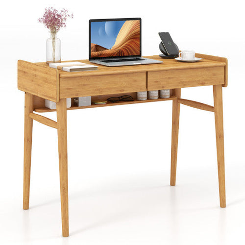 Load image into Gallery viewer, Bamboo Writing Desk with 2 Storage Drawers and Open Shelf-Natural
