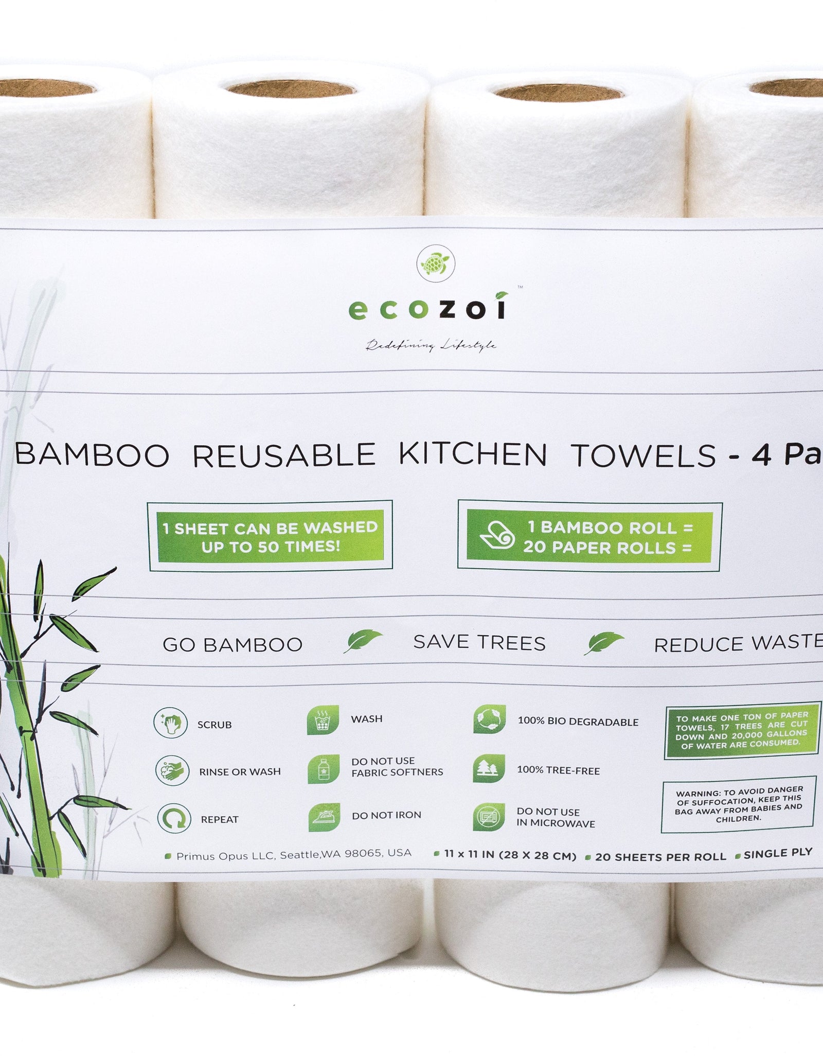Reusable Bamboo Kitchen Paper Towels - Tree-Free, Eco-Friendly Rolls, 4-Pack by ecozoi