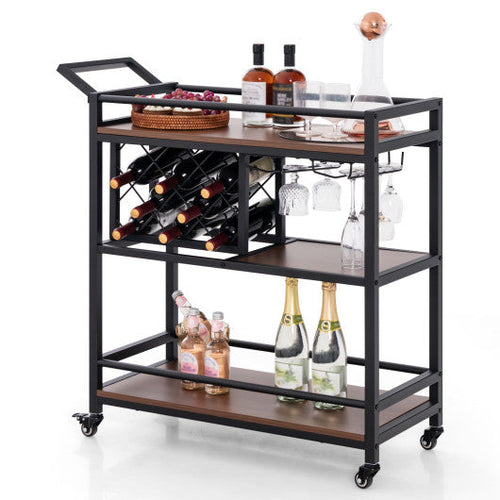 Load image into Gallery viewer, 3-tier Bar Cart on Wheels Home Kitchen Serving Cart with Wine Rack and Glasses Holder-Brown
