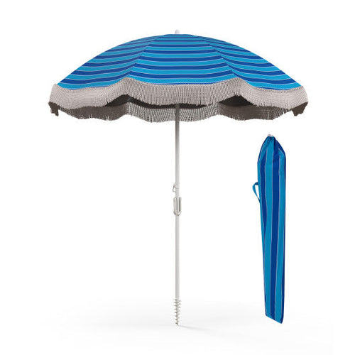 Load image into Gallery viewer, 6.5 FT Beach Umbrella with Fringe Outdoor Tassel Umbrella with Push Button Tilt-Navy
