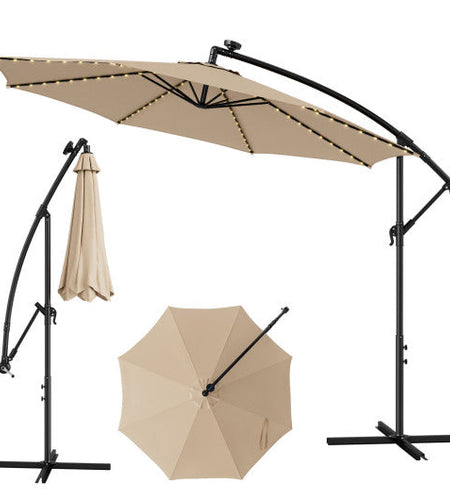 10 Feet Patio Offset Umbrella with 112 Solar-Powered LED Lights-Beige