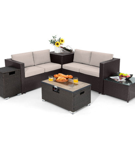 6 Pieces Outdoor Wicker Furniture Set with 32 Inch Propane Fire Pit Table-Beige