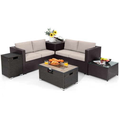 Load image into Gallery viewer, 6 Pieces Outdoor Wicker Furniture Set with 32 Inch Propane Fire Pit Table-Beige
