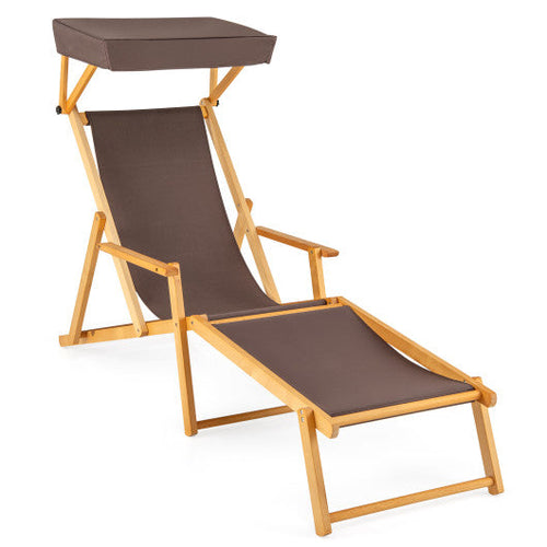 Load image into Gallery viewer, Birch Wood Chaise Lounge Chair Foldable Beach Chair with Adjustable Canopy-Brown
