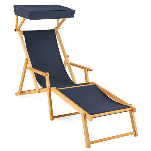 Load image into Gallery viewer, Birch Wood Chaise Lounge Chair Foldable Beach Chair with Adjustable Canopy-Navy
