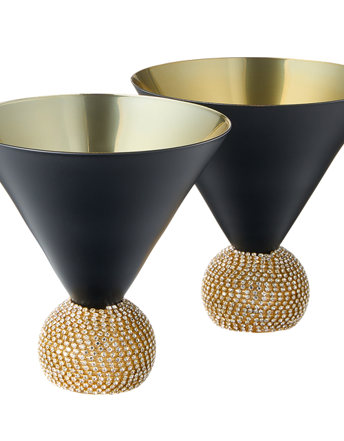 Load image into Gallery viewer, The Wine Savant Diamond Studded Martini Glasses Set of 2 Black &amp; Gold Rimmed Modern Cocktail Glass, Rhinestone With Stemless Crystal Ball Base, Bar or Party 10.5oz, Swarovski Style Crystals by The Wine Savant
