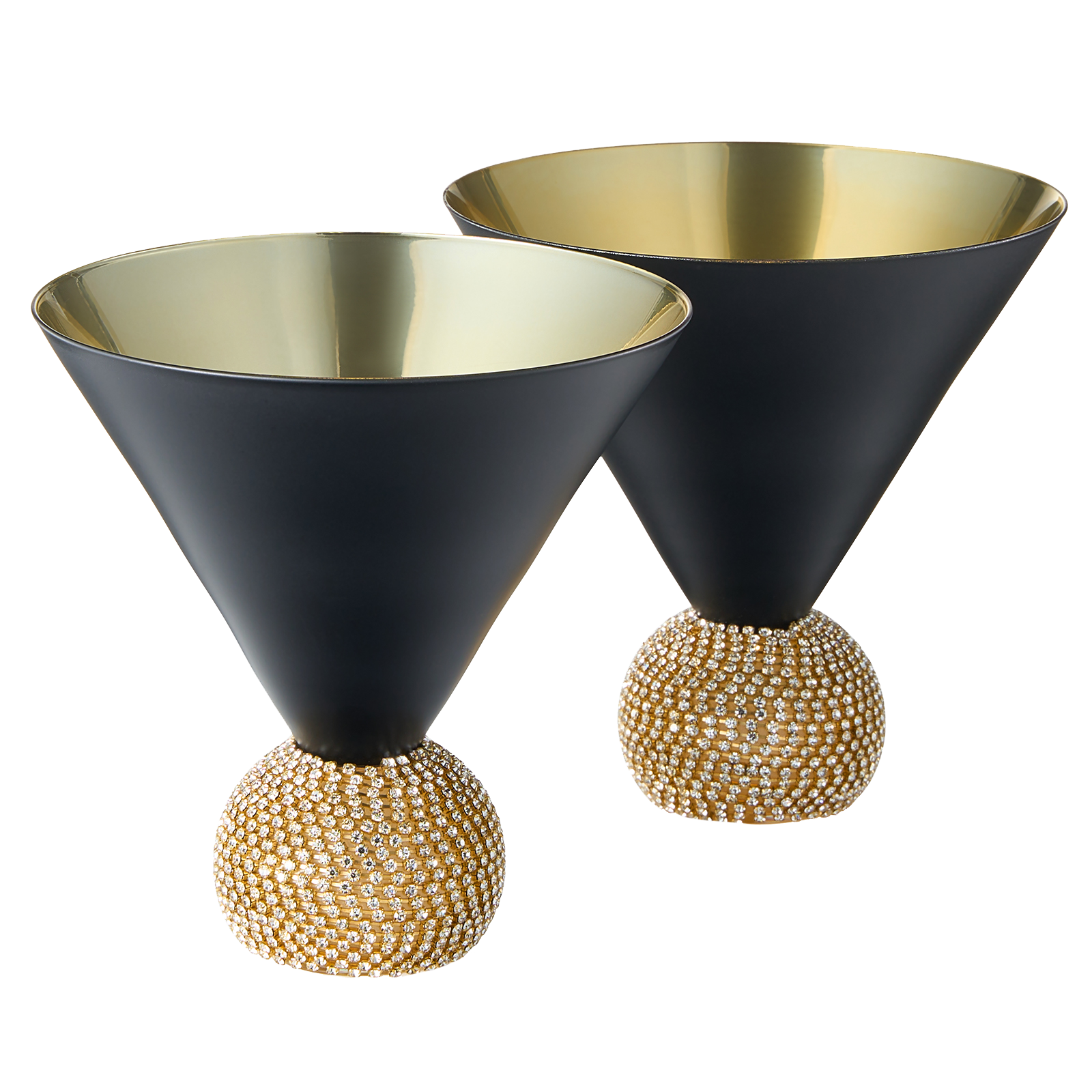The Wine Savant Diamond Studded Martini Glasses Set of 2 Black & Gold Rimmed Modern Cocktail Glass, Rhinestone With Stemless Crystal Ball Base, Bar or Party 10.5oz, Swarovski Style Crystals by The Wine Savant