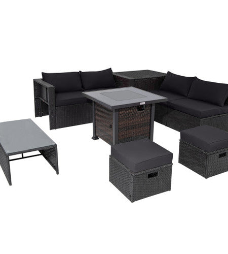 9 Pieces Patio Furniture Set with 32” Fire Pit Table and 50000 BTU Square Propane Fire Pit-Black
