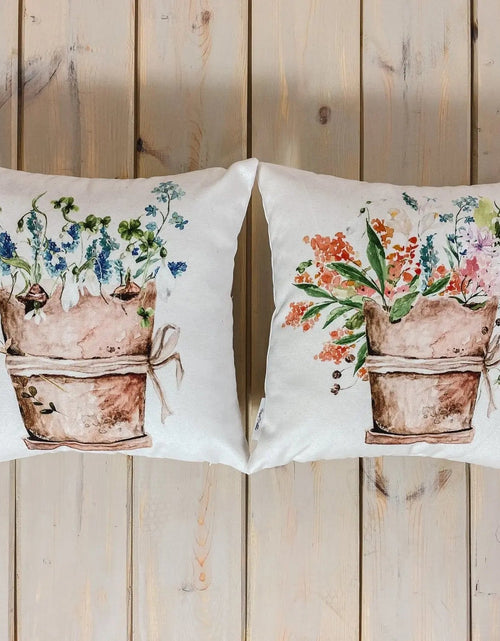 Load image into Gallery viewer, Blue Flowers | Planter | Throw Pillow | Spring Flowers | Pillow | Throw Pillow Covers | Farmhouse Throw Pillows | Flower Bed Decor | Pillows by UniikPillows
