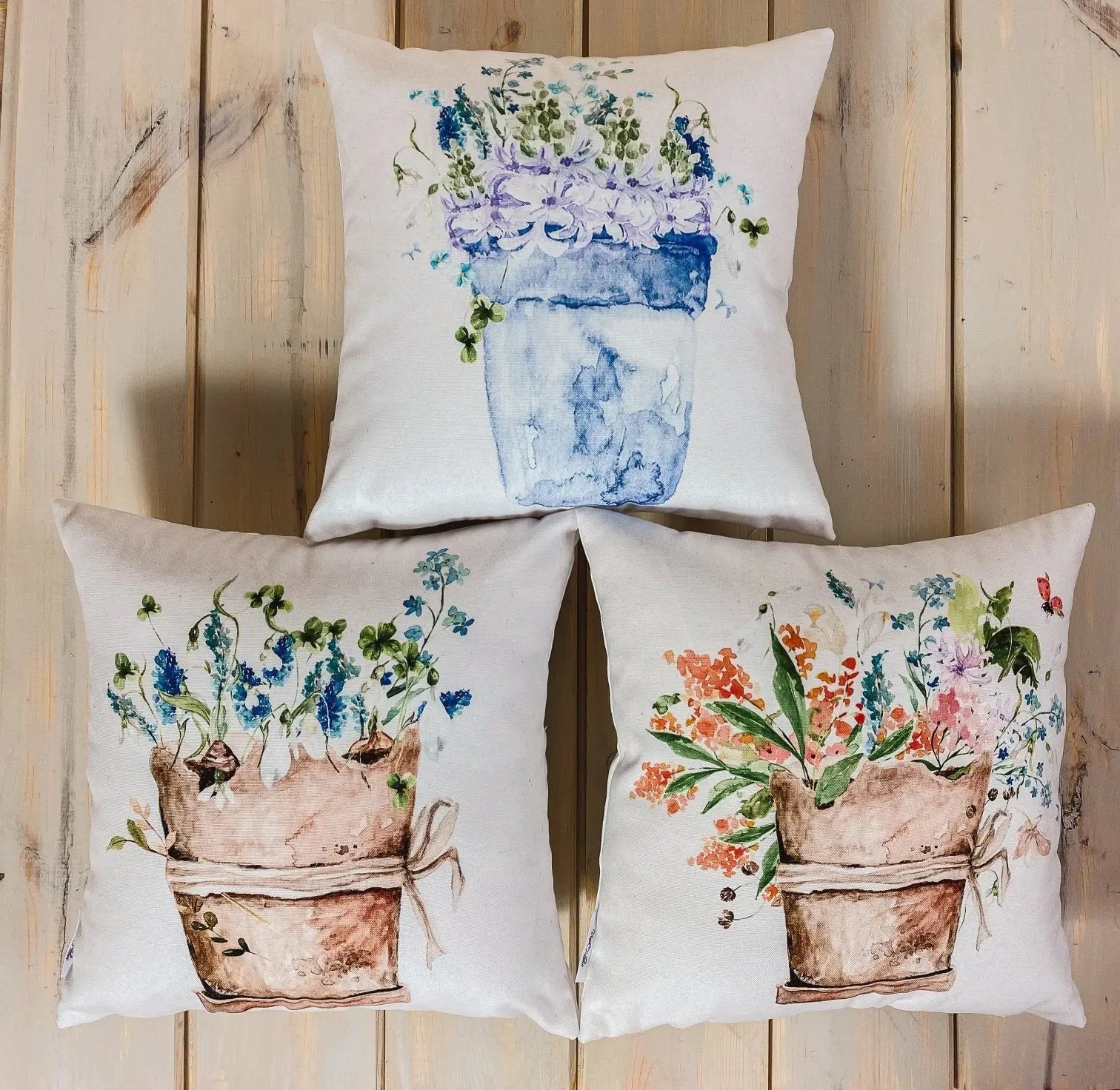 Blue Flowers | Planter | Throw Pillow | Spring Flowers | Pillow | Throw Pillow Covers | Farmhouse Throw Pillows | Flower Bed Decor | Pillows by UniikPillows