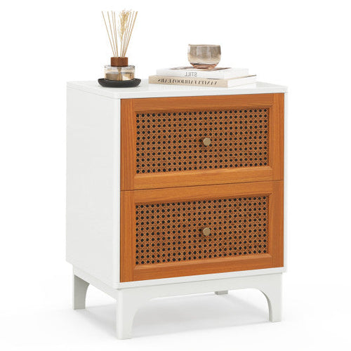 Load image into Gallery viewer, Boho Accent Table Nightstand with 2 Handwoven Rattan Decorated Drawers-White
