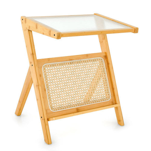 Load image into Gallery viewer, Boho End Table with Magazine Rack and Tempered Glass Top-Natural
