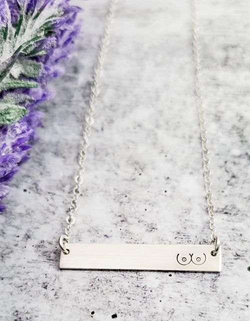 Load image into Gallery viewer, Boobs Hand Stamped Bar Necklace by Salt and Sparkle
