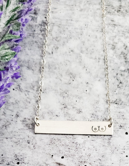 Load image into Gallery viewer, Boobs Hand Stamped Bar Necklace by Salt and Sparkle
