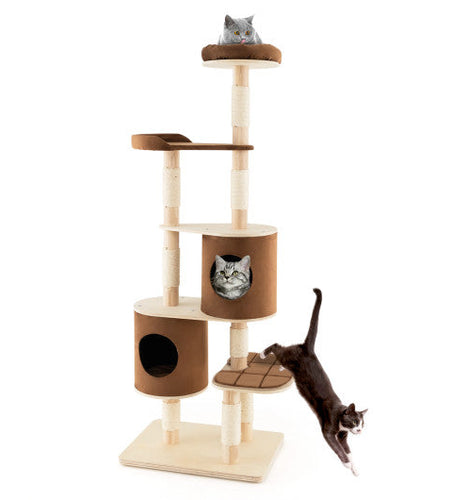 6-Tier Wooden Cat Tree with 2 Removeable Condos Platforms and Perch-Brown