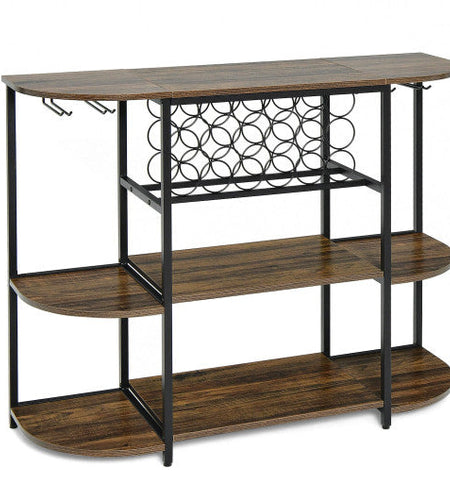 47 Inches Wine Rack Table with Glass Holder and Storage Shelves-Rustic Brown