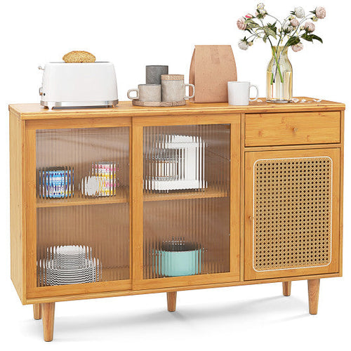 Load image into Gallery viewer, Modern Bamboo Buffet Sideboard Cabinet with Tempered Glass Sliding Doors-Natural

