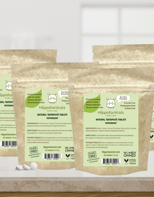 Load image into Gallery viewer, 4 Pack Natural Peppermint Toothpaste Tablets in Compostable Pouch (60 tablets each) by Hippotanicals

