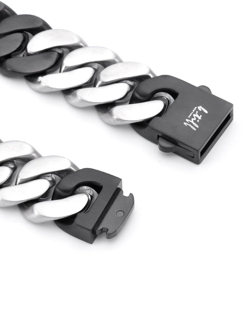 Load image into Gallery viewer, C160BW B.Tiff 16mm 2 Tone Black &amp; Stainless Steel Flat Cuban Link Necklace by B.Tiff New York
