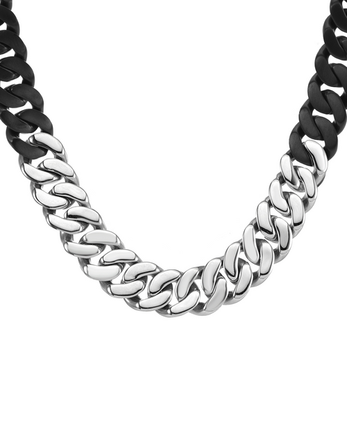 Load image into Gallery viewer, C160BW B.Tiff 16mm 2 Tone Black &amp; Stainless Steel Flat Cuban Link Necklace by B.Tiff New York
