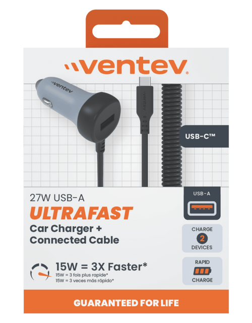 Load image into Gallery viewer, Ventev 12W USB A Car Charger w / attached 15W USB C Cord N/A by Ventev
