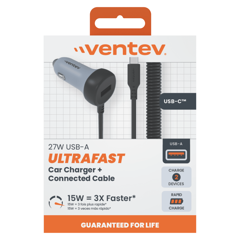 Ventev 12W USB A Car Charger w / attached 15W USB C Cord N/A by Ventev