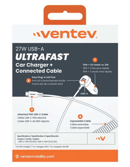 Load image into Gallery viewer, Ventev 12W USB A Car Charger w / attached 15W USB C Cord N/A by Ventev
