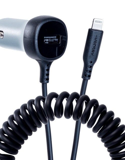 Load image into Gallery viewer, Ventev 12W USB A Car Charger with attached 15W Apple Lightning Cord by Ventev
