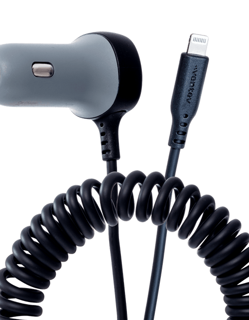 Load image into Gallery viewer, Ventev 12W USB A Car Charger with attached 15W Apple Lightning Cord by Ventev
