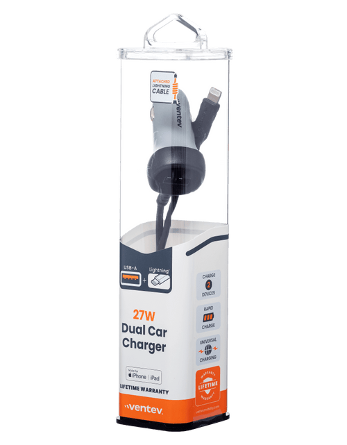 Load image into Gallery viewer, Ventev 12W USB A Car Charger with attached 15W Apple Lightning Cord by Ventev
