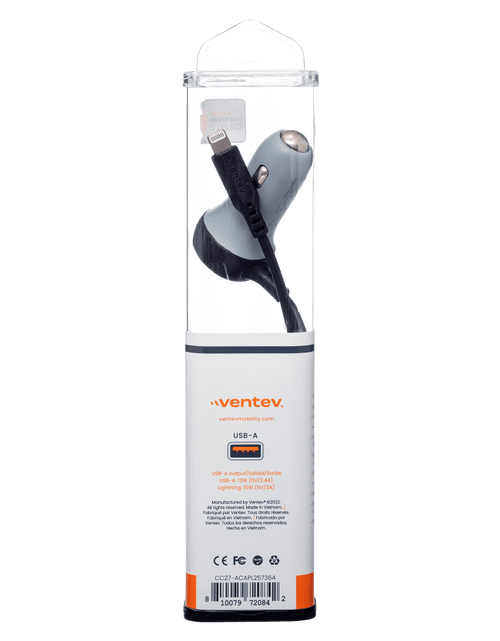 Load image into Gallery viewer, Ventev 12W USB A Car Charger with attached 15W Apple Lightning Cord by Ventev
