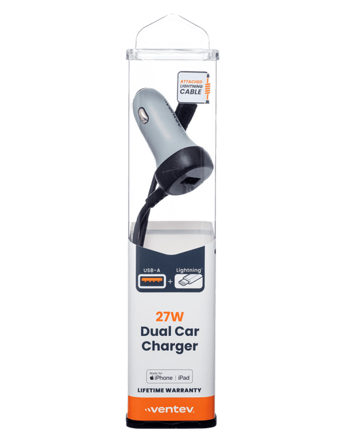 Load image into Gallery viewer, Ventev 12W USB A Car Charger with attached 15W Apple Lightning Cord by Ventev
