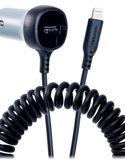 Load image into Gallery viewer, Ventev 12W USB A Car Charger with attached 15W Apple Lightning Cord Gray by Ventev
