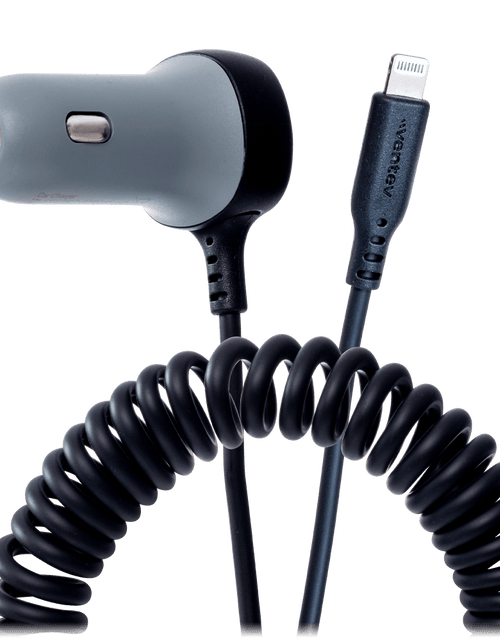 Load image into Gallery viewer, Ventev 12W USB A Car Charger with attached 15W Apple Lightning Cord Gray by Ventev
