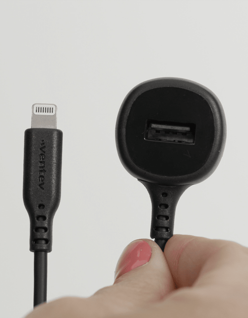 Load image into Gallery viewer, Ventev 12W USB A Car Charger with attached 15W Apple Lightning Cord Gray by Ventev
