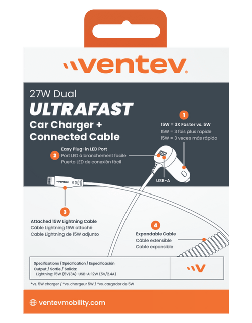 Load image into Gallery viewer, Ventev 12W USB A Car Charger with attached 15W Apple Lightning Cord Gray by Ventev
