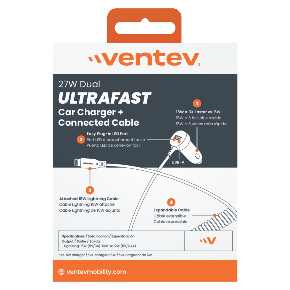 Ventev 12W USB A Car Charger with attached 15W Apple Lightning Cord Gray by Ventev