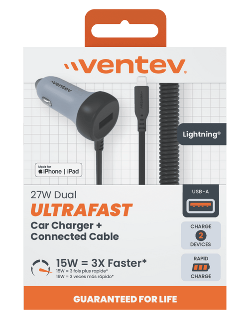 Load image into Gallery viewer, Ventev 12W USB A Car Charger with attached 15W Apple Lightning Cord Gray by Ventev
