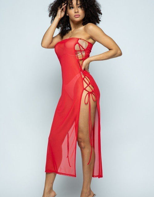 Load image into Gallery viewer, Solid Mesh Side Lace Up Cover Up Dress by Balec Group
