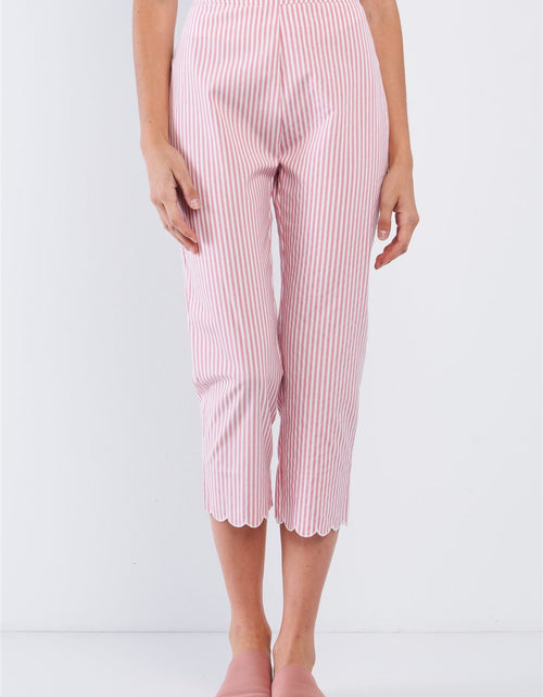 Load image into Gallery viewer, Red &amp; White Striped High Waist Scalloped Hem Summer Capri Pants
