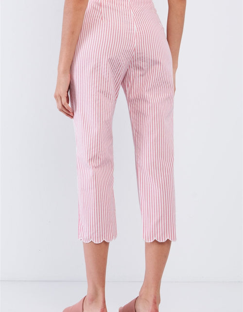 Load image into Gallery viewer, Red &amp; White Striped High Waist Scalloped Hem Summer Capri Pants
