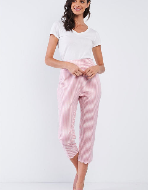 Load image into Gallery viewer, Red &amp; White Striped High Waist Scalloped Hem Summer Capri Pants
