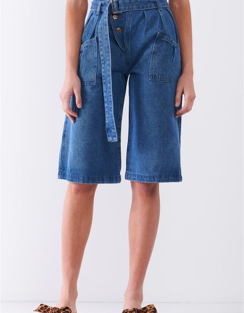 Load image into Gallery viewer, Mid Blue Denim Front Cut-out High-waist Buckle Self-tie Belt Detail Midi Flare Jean Pants
